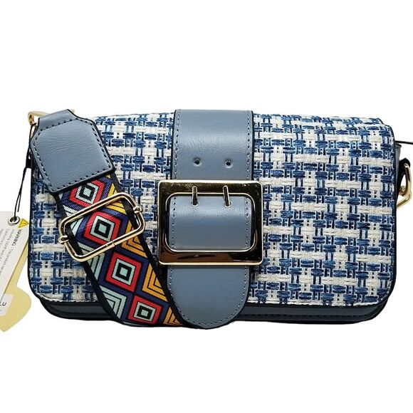 Blue Tweed Crossbody Purse with multicolor guitar strap - Picture 1 of 9